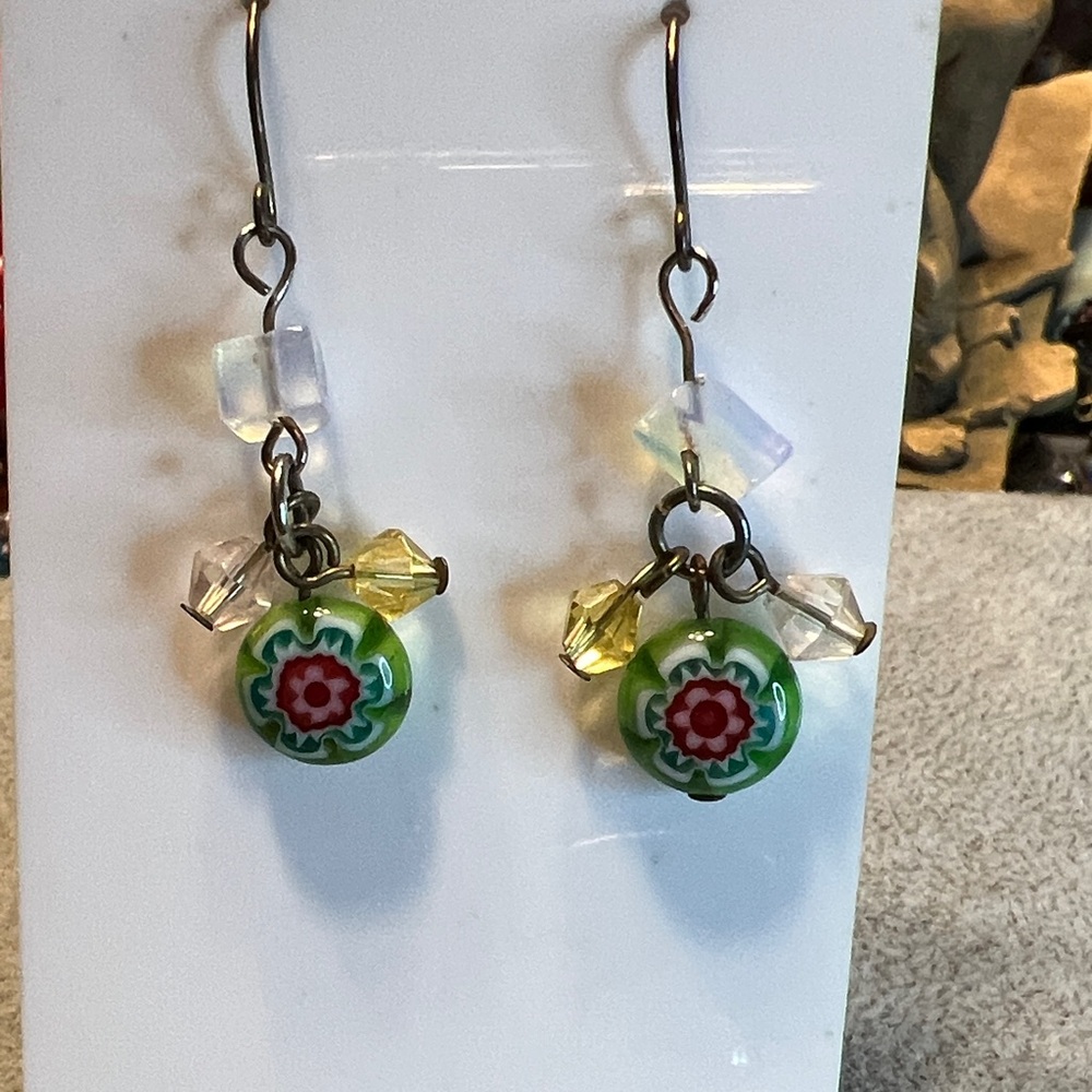 Artisan Green and Red Floral Dangle Earrings
